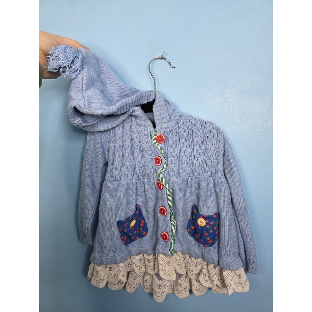 Matilda Jane Baby Girl Blue Knit Hooded Sweater Dress 18–24M Lace Hem whimsical - Picture 2 of 7